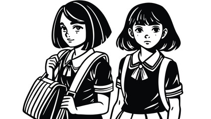 Obraz premium Two school girl with school bags silhouette