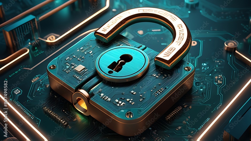 Wall mural 3d padlock on glowing blue circuit board symbolizes cyber security. ideal for technology, cybersecur