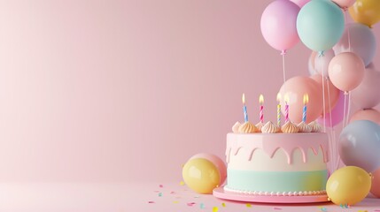 A birthday celebration cake with lit candles on top, surrounded by pastel colors balloons and confetti on a pink background.
