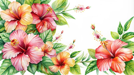 Beautiful tropical leaves rendered and hibiscus blossoms in watercolor on a white backdrop with blank area for text