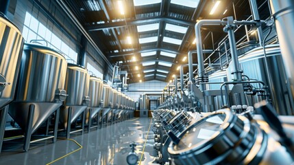 Brewery food industrial production concept. Large reservoirs or tanks in modern beer factory, Pipes stainless steel brewing equipment.