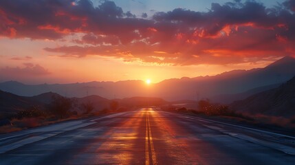 Stunning sunset over a tranquil road, with colorful clouds illuminating the horizon and mountain silhouettes creating a serene backdrop.