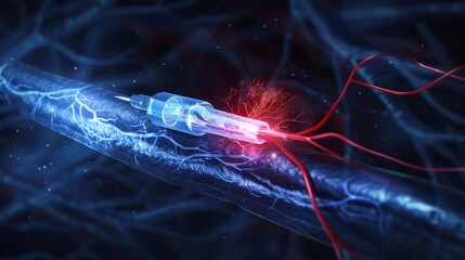 An interventional radiology image showing a catheter being guided through a blood vessel, with clear details of the vascular structures, set against a dark background to enhance the visibility of the