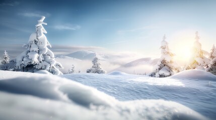 A snowy landscape with two trees and a mountain in the background