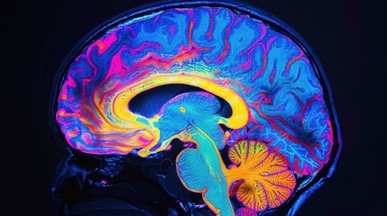 A PET scan image of the human brain, showing areas of high and low metabolic activity with vibrant color contrasts, set against a dark background to enhance the visibility of the functional regions,