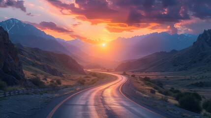 Highway winding through mountains at sunset, vibrant sky, realistic photo, dramatic lighting, scenic landscape