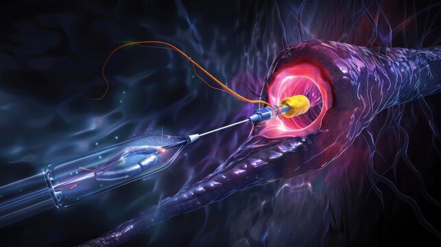 An interventional radiology image showing a balloon angioplasty procedure, with clear details of the balloon catheter and the dilated blood vessel, set against a dark background to enhance the