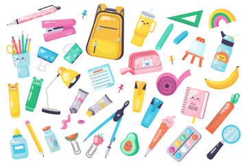 Vector set of school supplies for study, education, school, university in kawaii style. Back to school. Backpack, book, paints, ruler, pen, pencil, notebooks, writing supplies for office and school