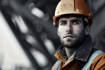 male construction worker portrait, sturdy hardhat, focused expression, labor-intensive environment, safety gear, high-resolution detail, inspiring dedication, copy space for text integration
