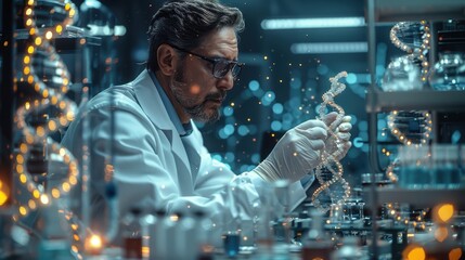 Cutting-Edge Genetic Research: Scientist in High-Tech Lab Exploring Molecular Structures and DNA Models