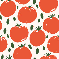 Seamless pattern with tomatoes. Vector illustration in a naive style.