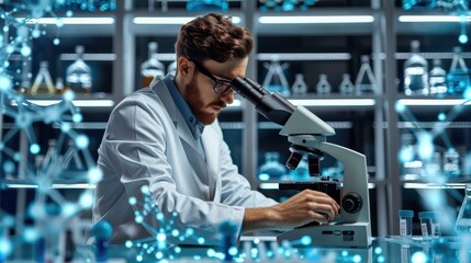 Ultra-Realistic Digital Rendering of Biochemist Analyzing Cellular Sample with High-Tech Microscope in Laboratory Setting