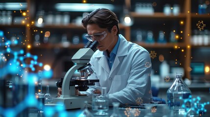 Mastering the Microscopic World: Hyper-Realistic Digital Illustration of a Biochemist Analyzing Cellular Samples with High-Tech Equipment