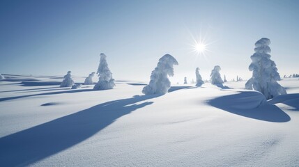 A snowy field with trees and a sun shining on it