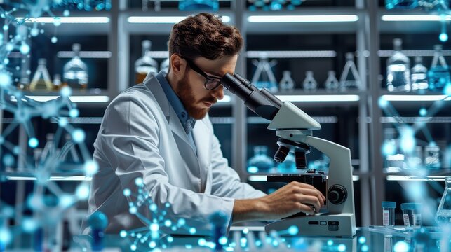 Ultra-Realistic Digital Rendering of Biochemist Analyzing Cellular Sample with High-Tech Microscope in Laboratory Setting