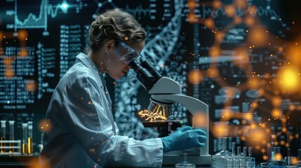 Ultra-Realistic Digital Illustration of a Scientist Examining Genetic Samples Under High-Powered Microscope in Advanced Lab Setting