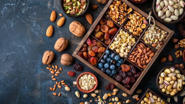 wooden tray displaying nutritious snacks like nuts, dried fruits, and granola barsa concept image for promoting healthier eating habits