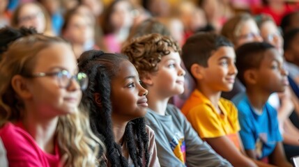 Fototapeta premium Engaged children attentively watching a performance, showcasing diverse expressions and excitement in a vibrant environment.