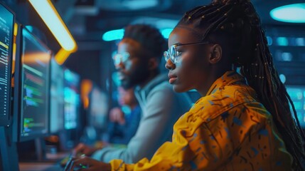 Focused team working on computers, programming and analyzing data in a modern tech environment.