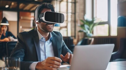 Professional man enjoying virtual reality experience while using laptop, showcasing modern technology integration.