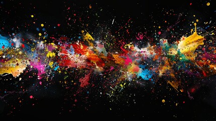 Explosive splashes of colorful paint create a vibrant and dynamic artistic chaos against a dark backdrop