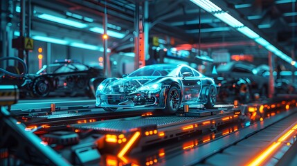 Fototapeta premium Futuristic Car Assembly Line with Transparent Prototype