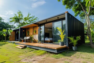 Obraz premium Modern shipping container house home, tiny house in sunny day. Shipping container houses is sustainable