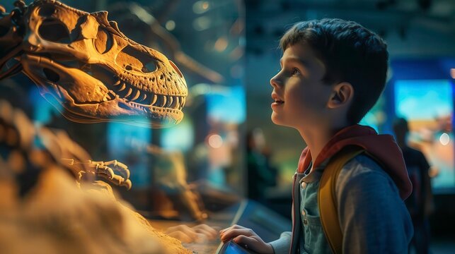 A curious boy gazes in awe at a dinosaur skeleton in a museum, igniting imagination and wonder for prehistoric life.