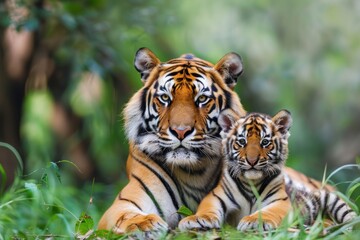Obraz premium mother tiger and cub. protection and maternal instinct