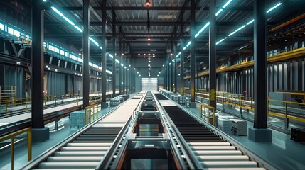Fototapeta premium A modern industrial warehouse interior with conveyor belts and bright lighting, showcasing a spacious and efficient workspace.