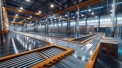 Fototapeta premium A spacious, modern warehouse interior with systematic shelving and efficient loading zones designed for optimal storage and logistics.