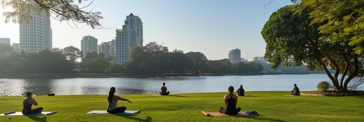 A yoga class practices on a beach at sunrise, embracing wellness, fitness, and harmony.