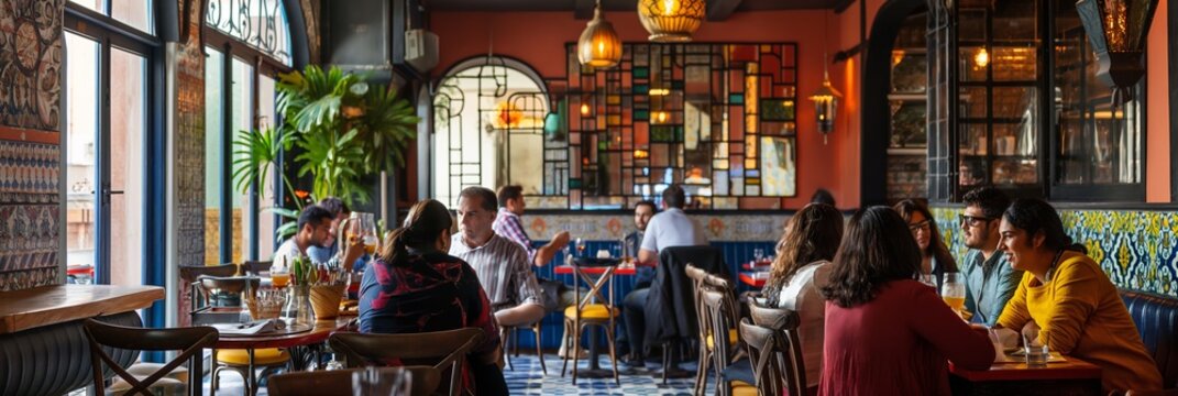 Fototapeta People relax and dine at a traditional Indian restaurant, enjoying the ornamental ambiance.