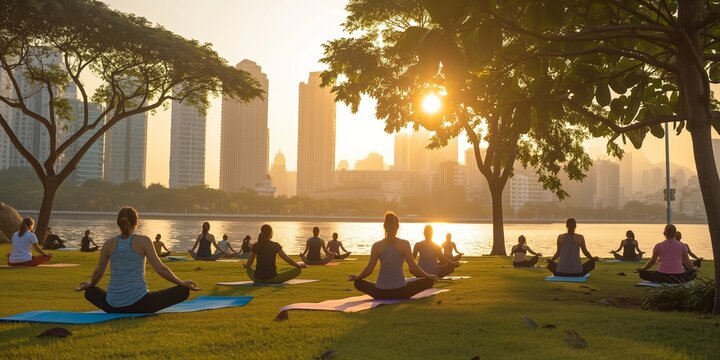 A yoga instructor leads a class in a park, guiding participants through a series of poses.