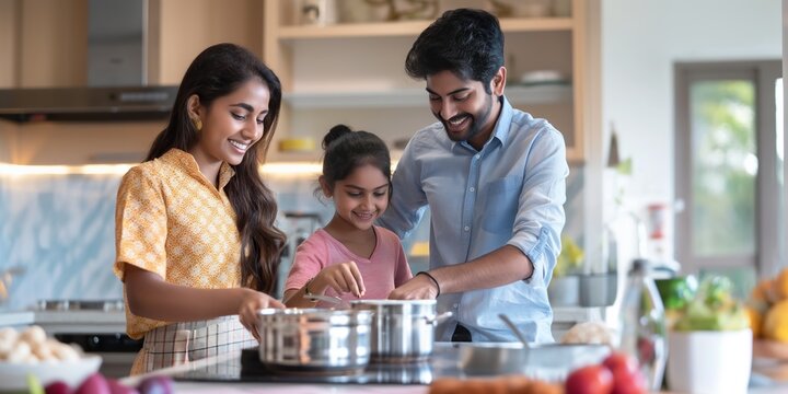 A happy Indian family cooks together in the kitchen, bonding over meal preparation and enjoyment. - Powered by Adobe