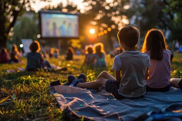 People of all ages enjoying a movie night in the park