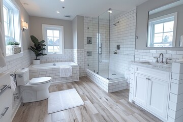 Minimalist bathroom with white tiles glass shower sleek fixtures soft lighting modern design digital render