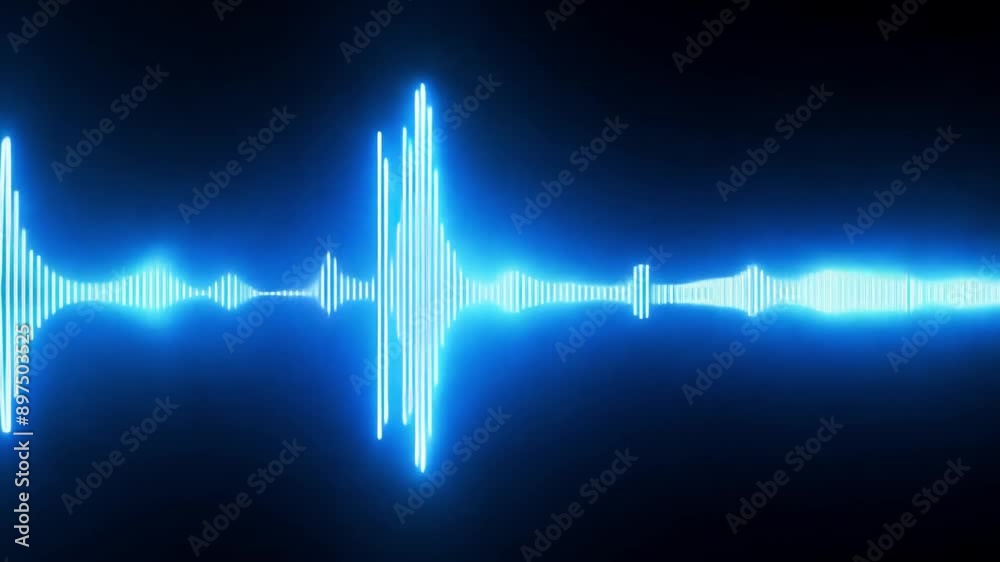 Poster a digital audio waveform represented by a blue, glowing line with vertical bars.