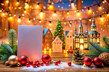Vertical blank card between decorations, mockup. Christmas or New Year greeting card template