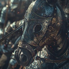 A close-up of a horse wearing ornate armor, its face partially obscured by a helmet. The horse stands in a line of other armored horses, suggesting a battle scene.