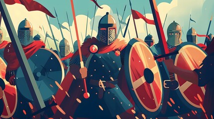 Fototapeta premium A colorful illustration of a medieval army charging into battle, with soldiers holding swords and shields.