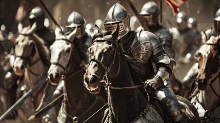 A company of medieval knights on horseback charge into battle, their armor glinting in the sunlight.
