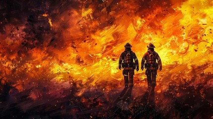 Fototapeta premium two fire fighters walking in front of a huge fire