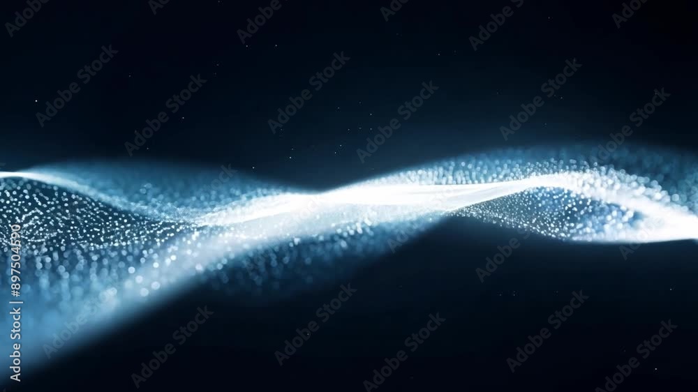 Poster A white wave, made of tiny particles, moves across a dark background. The wave glows and appears to be in motion.