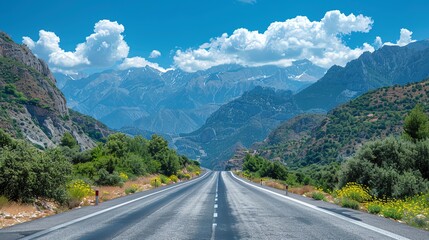 A scenic highway stretches through lush greenery, flanked by majestic mountains under a bright blue sky with fluffy clouds.