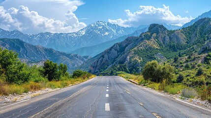 Fototapeta premium A scenic road stretches through majestic mountains under a clear blue sky, inviting adventure and exploration in nature's beauty.