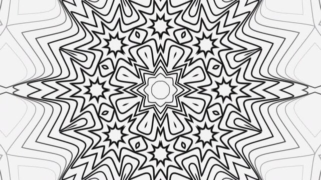 Black and white kaleidoscope background. Kaleidoscope loop animation pattern background. Abstract Black and White Mandala Ornament Pattern Animation Video, Perfect for Digital Visual Art 