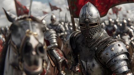 Fototapeta premium A medieval knight in full armor rides into battle on horseback, a red flag waving behind him. The scene is filled with a sense of impending conflict and heroism.