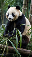 Fototapeta premium Panda Bear, exuding a sense of tranquility amidst strength. The iconic black and white fur coat shines with a glossy sheen,