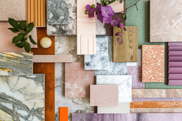 diverse luxury interior design material samples  , marble and jades ,in various textures and finishes
